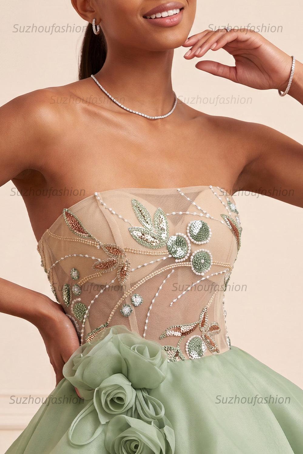 Suzhoufashion Dusty Sage Beaded A Line Corset Short Homecoming Dress with 3D Flowers