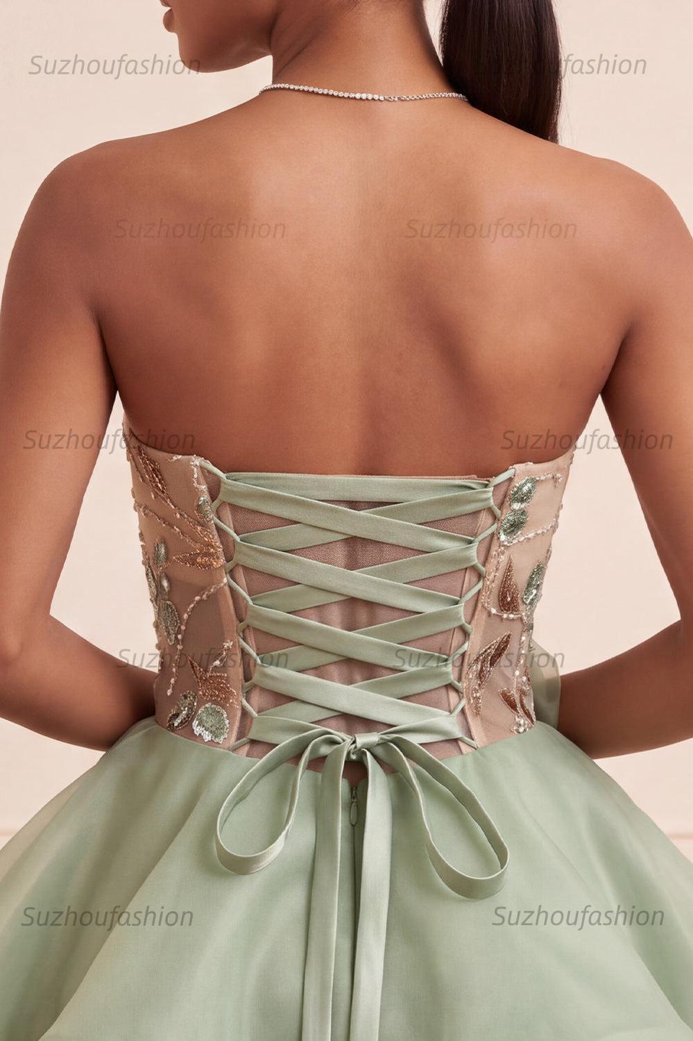 Suzhoufashion Dusty Sage Beaded A Line Corset Short Homecoming Dress with 3D Flowers