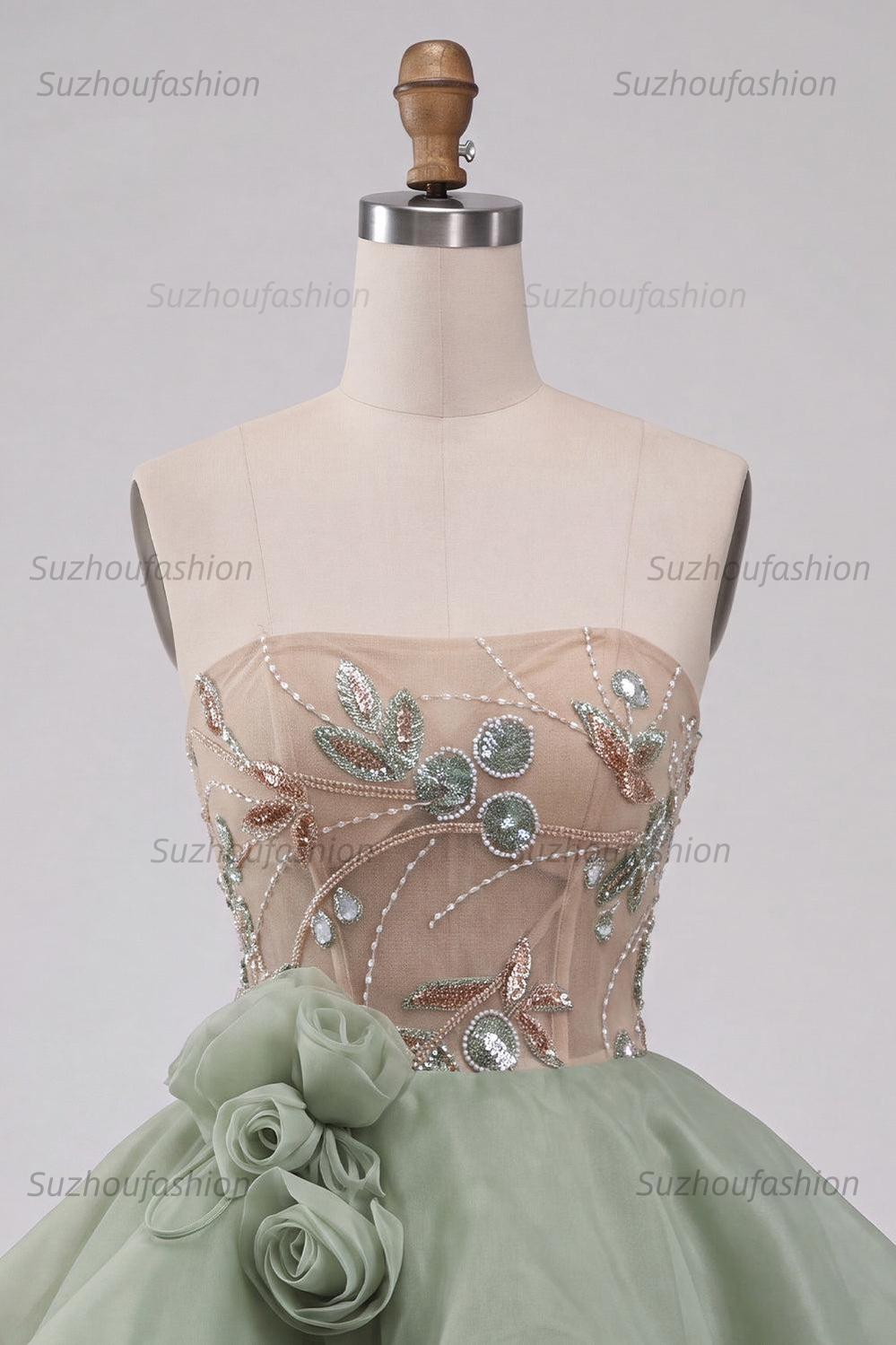 Suzhoufashion Dusty Sage Beaded A Line Corset Short Homecoming Dress with 3D Flowers