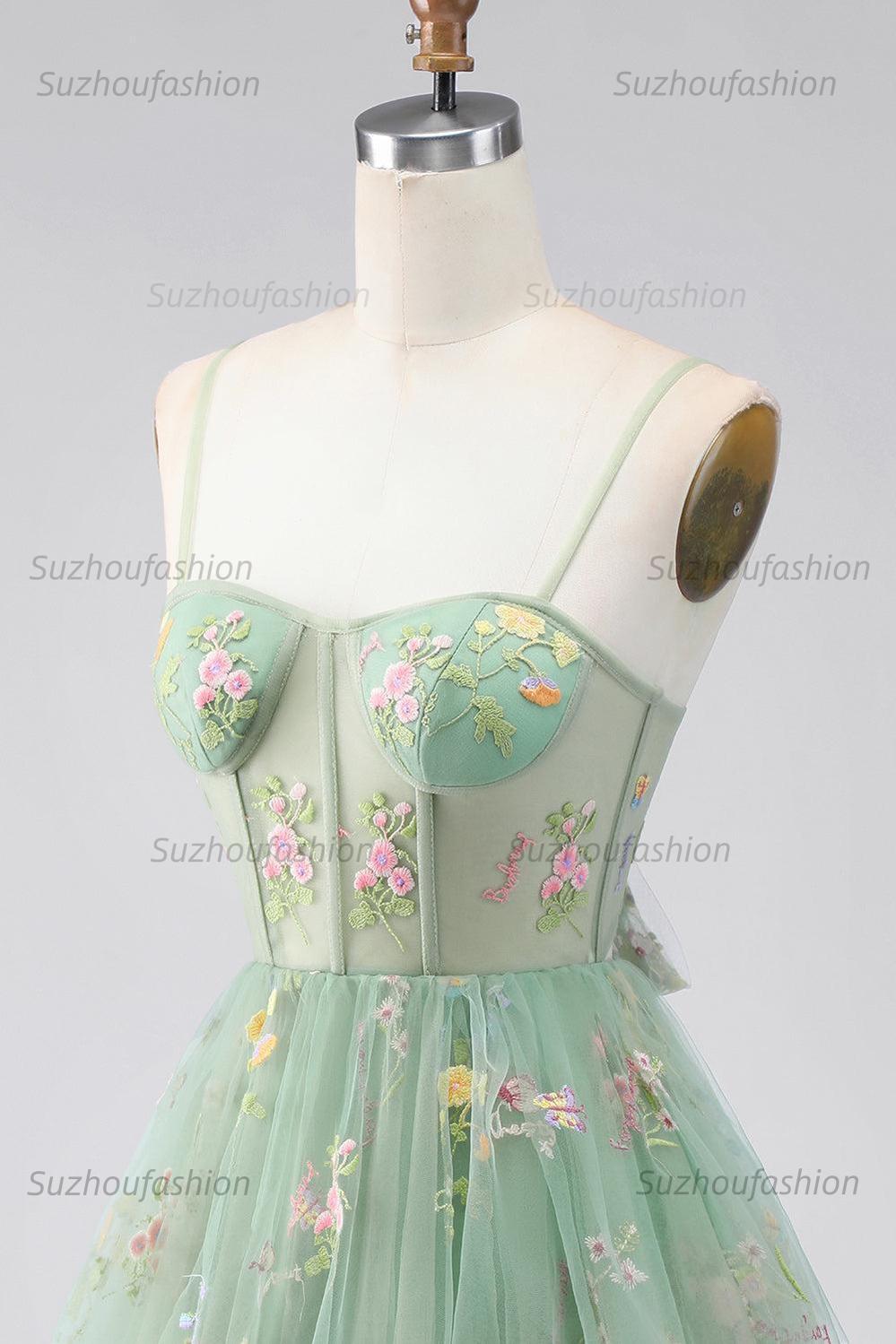 Suzhoufashion Dusty Sage Floral Corset A-Line Short Homecoming Dress with Ruffles