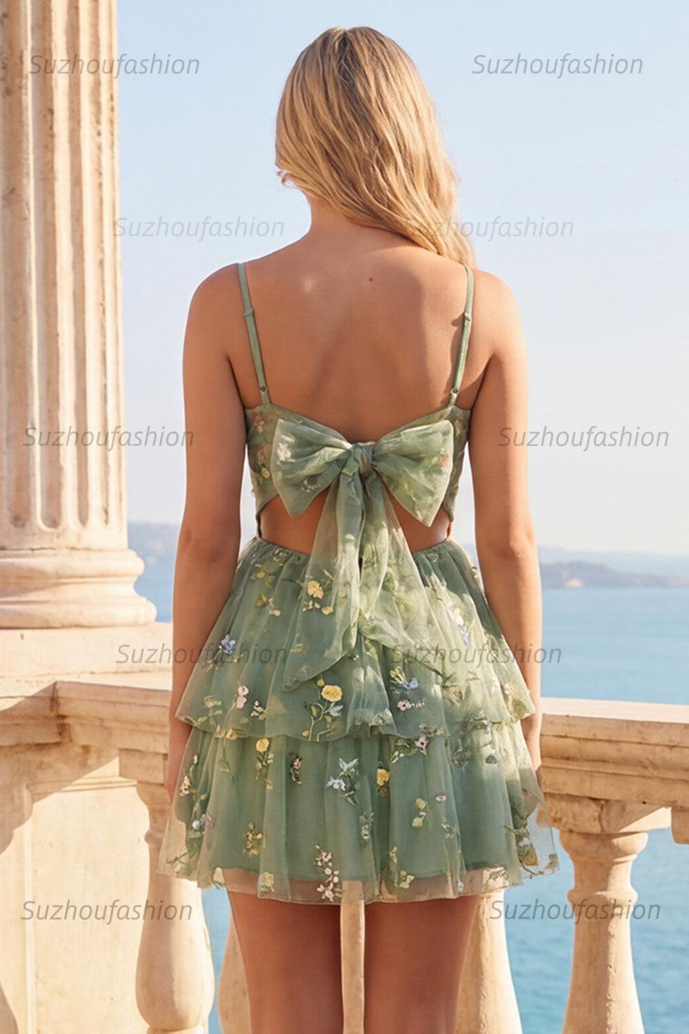 Suzhoufashion Dusty Sage Floral Corset A-Line Short Homecoming Dress with Ruffles