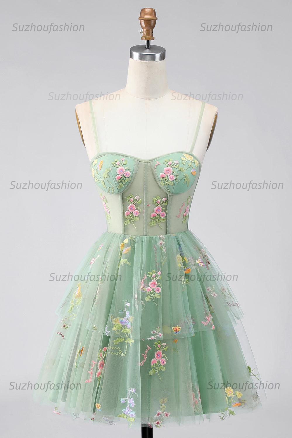 Suzhoufashion Dusty Sage Floral Corset A-Line Short Homecoming Dress with Ruffles