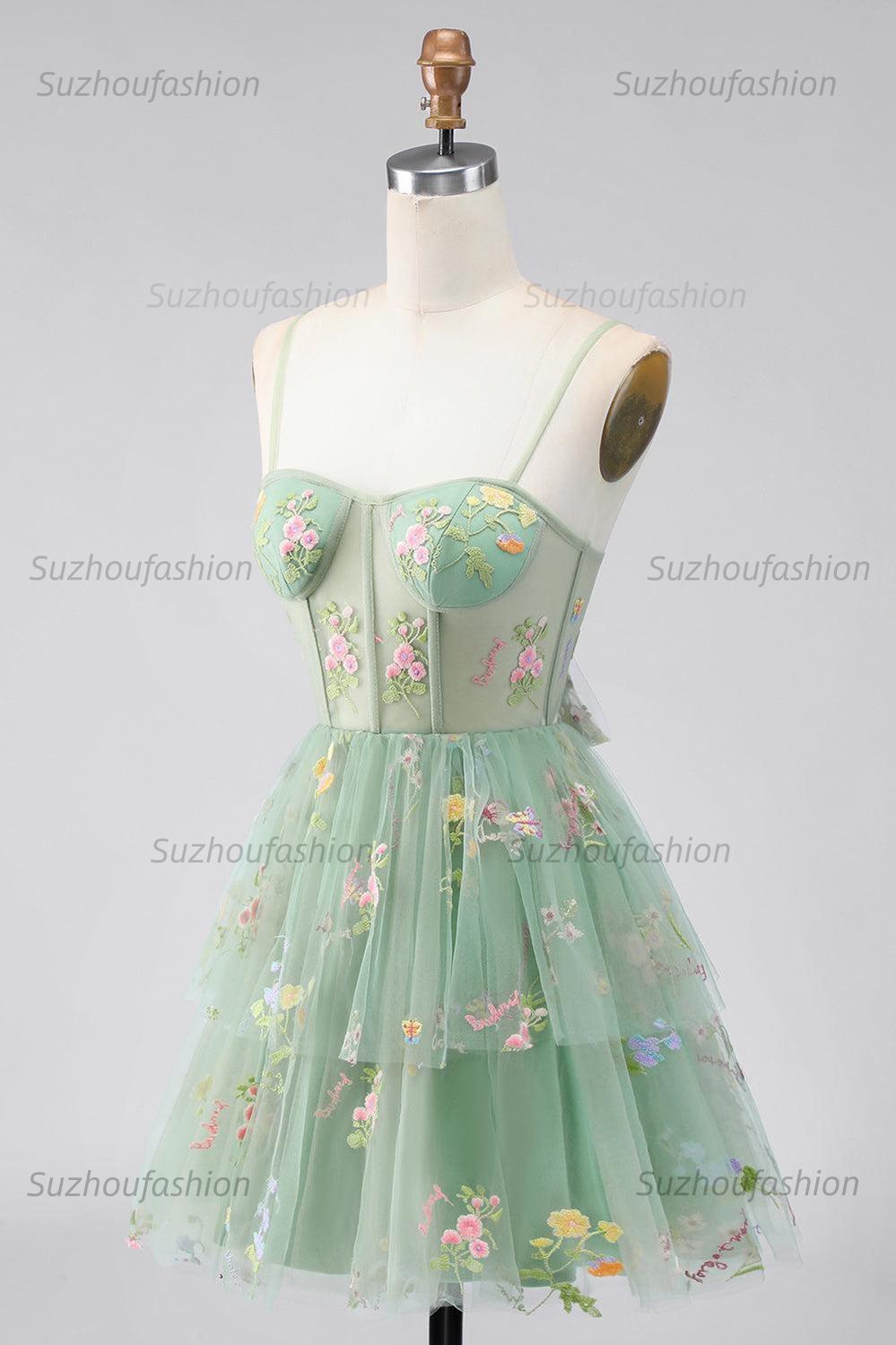 Suzhoufashion Dusty Sage Floral Corset A-Line Short Homecoming Dress with Ruffles