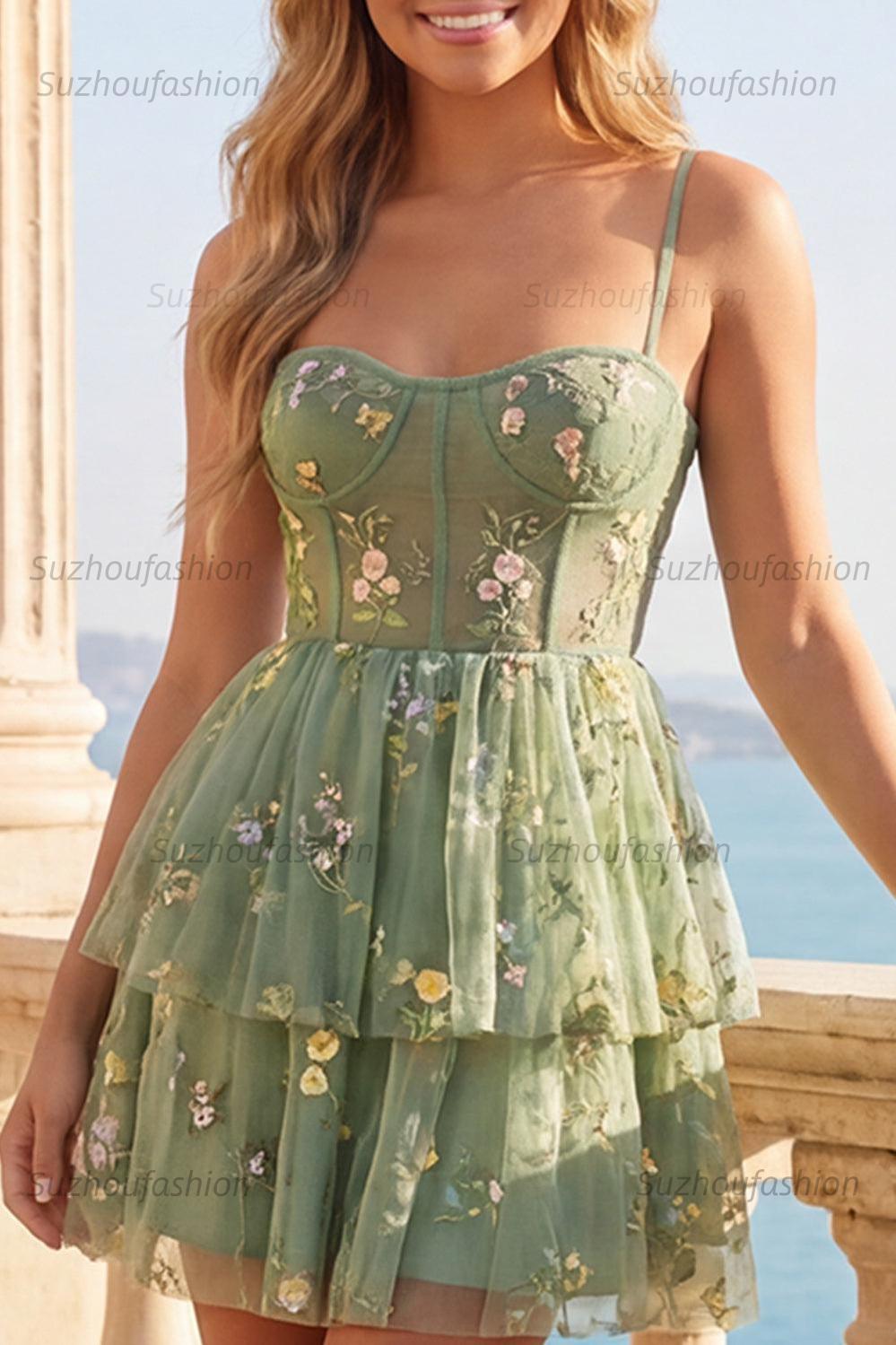 Suzhoufashion Dusty Sage Floral Corset A-Line Short Homecoming Dress with Ruffles