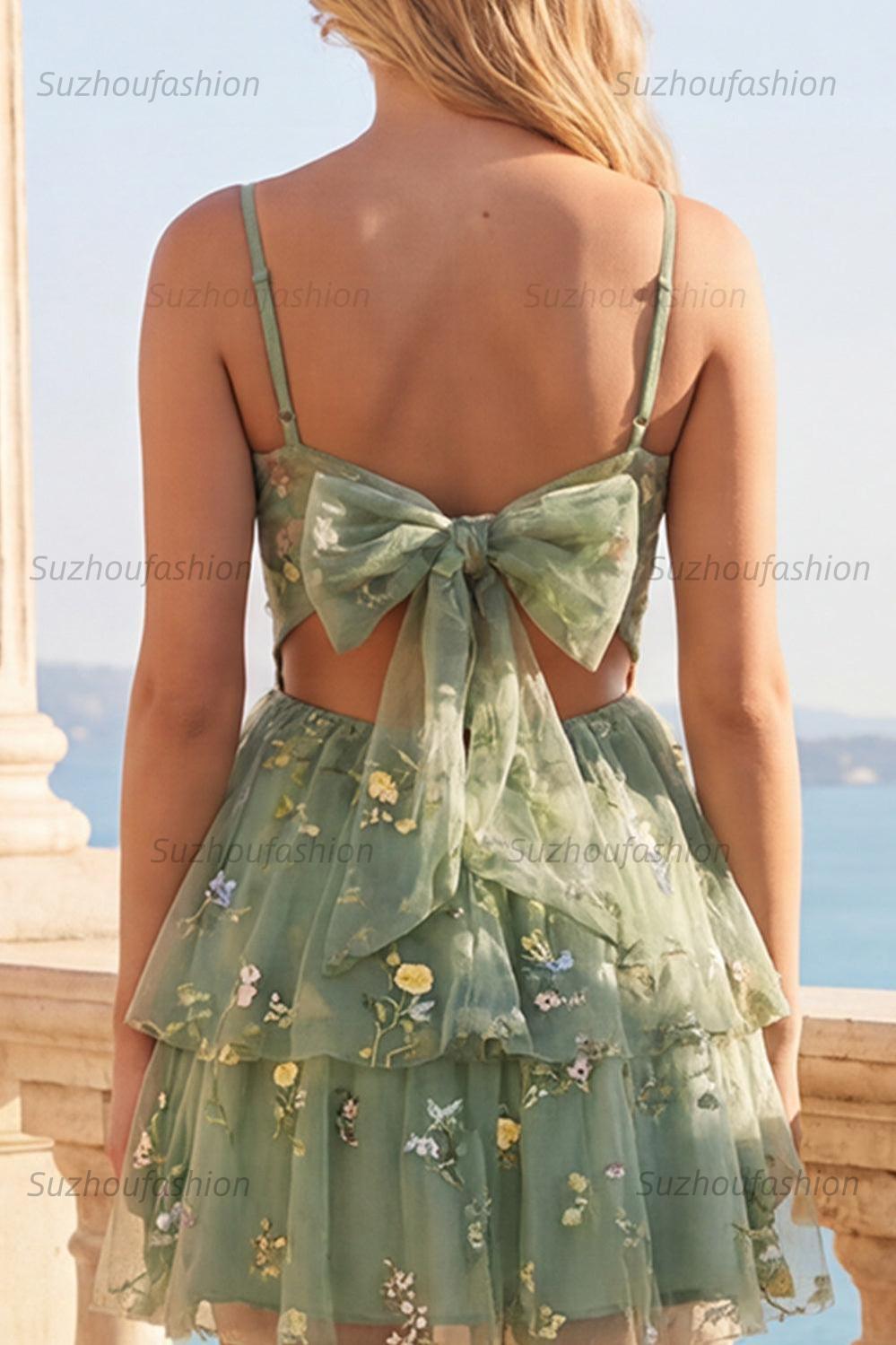 Suzhoufashion Dusty Sage Floral Corset A-Line Short Homecoming Dress with Ruffles