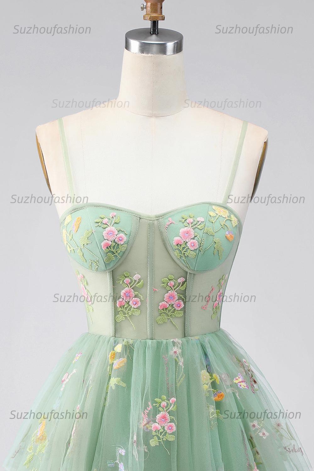 Suzhoufashion Dusty Sage Floral Corset A-Line Short Homecoming Dress with Ruffles