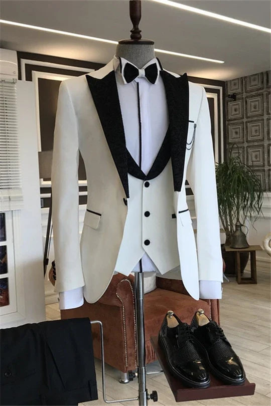 Suzhoufashion Dyuthi White Shawl Lapel Three Pieces Men Suits