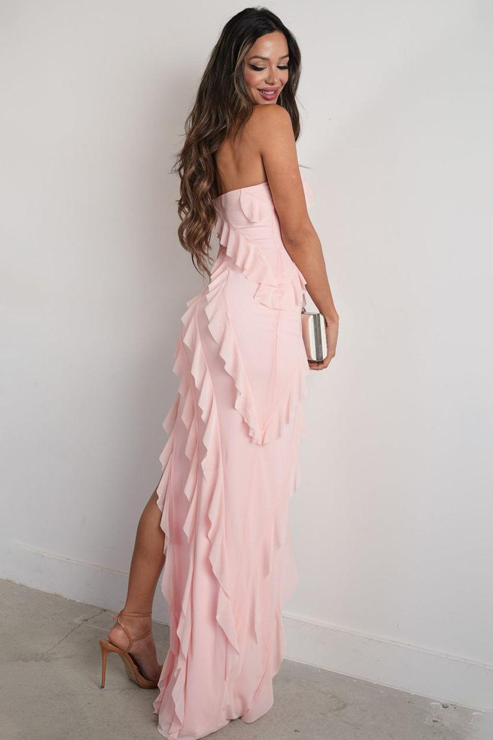 Suzhoufashion Elegant Pink Strapless Cascading Ruffle Long Prom Evening Dress Formal Evening Gown