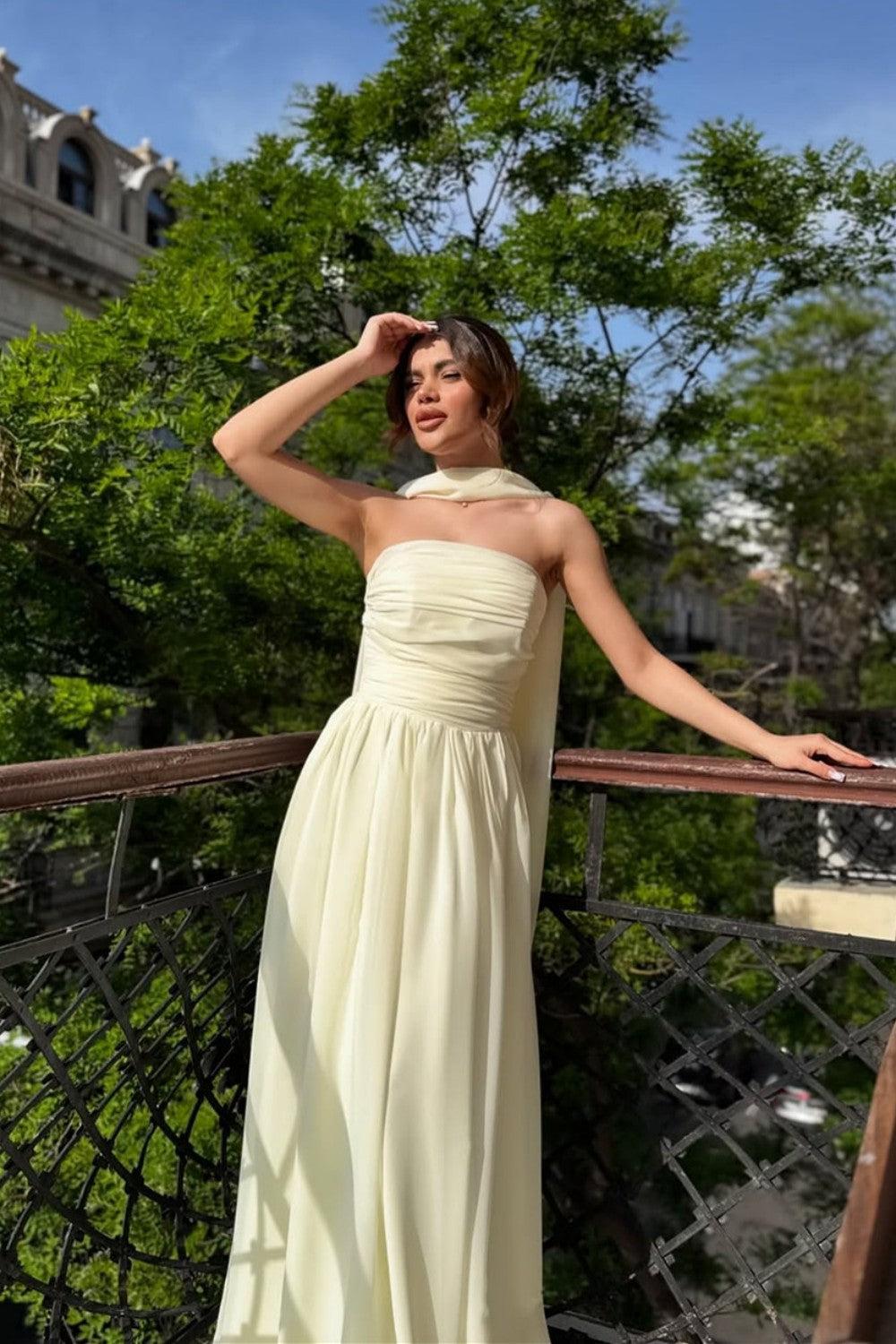 Suzhoufashion Elegant Strapless A-Line Chiffon Long Prom Dress With Scarf Detail Formal Evening Gown