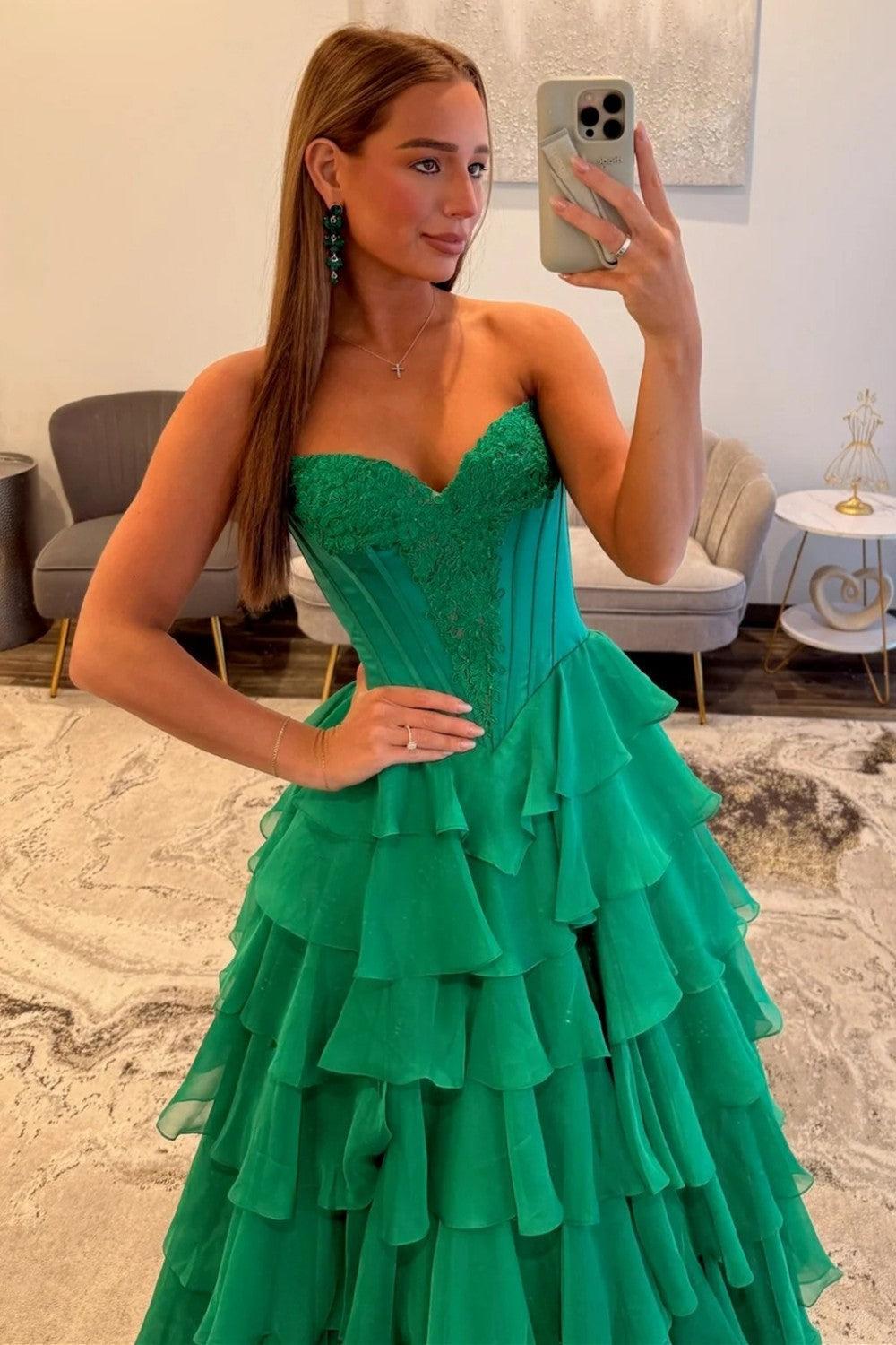 Suzhoufashion Emerald Green Sweetheart Corset Prom Dress With Tiered Ruffles And High Slit Formal Evening Gown