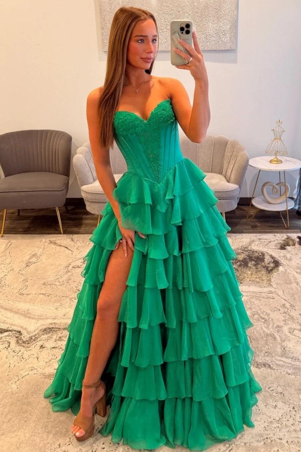 Suzhoufashion Emerald Green Sweetheart Corset Prom Dress With Tiered Ruffles And High Slit Formal Evening Gown