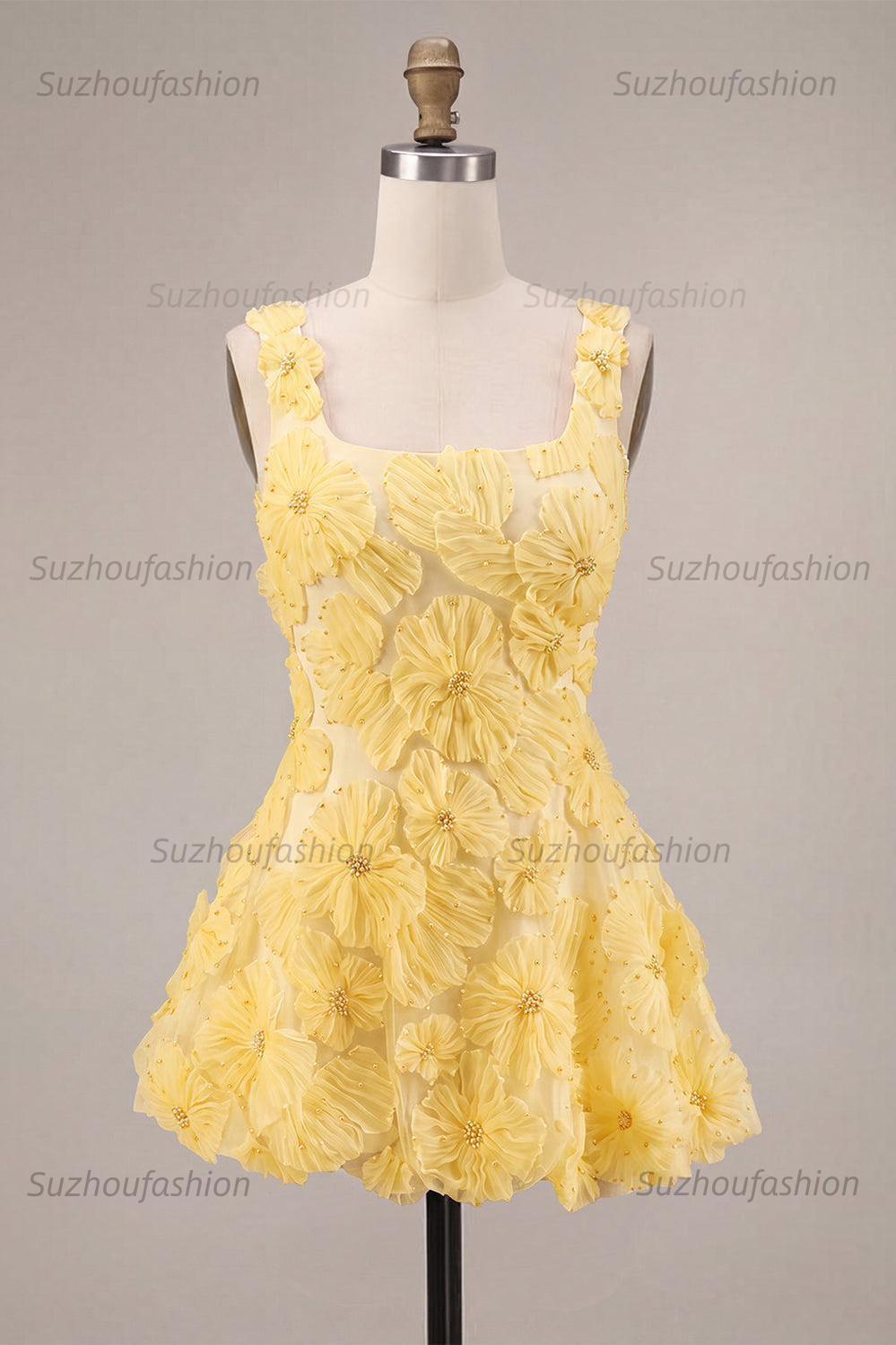 Suzhoufashion Floral A Line Beaded Light Yellow Bubble Short Homecoming Dress