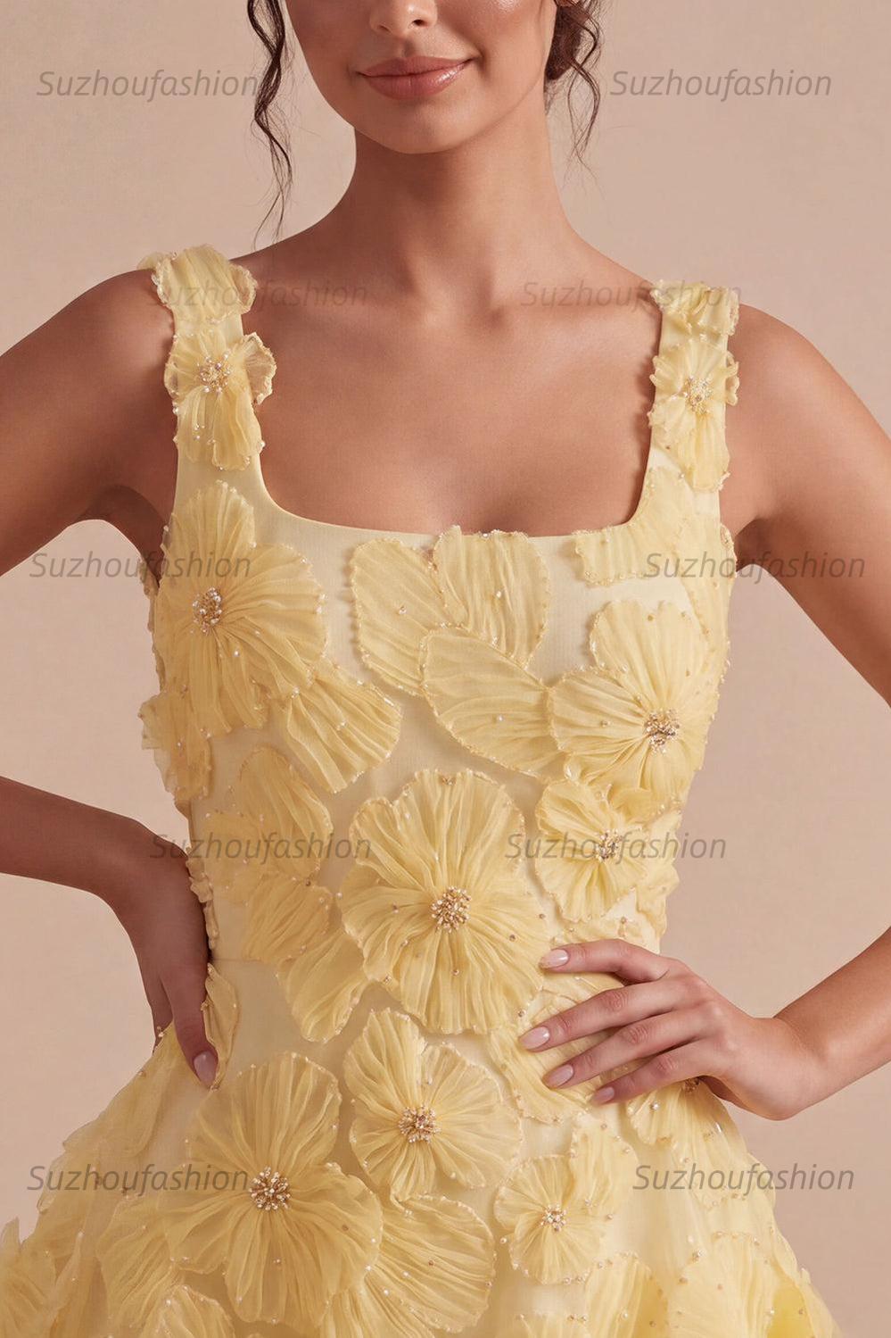 Suzhoufashion Floral A Line Beaded Light Yellow Bubble Short Homecoming Dress