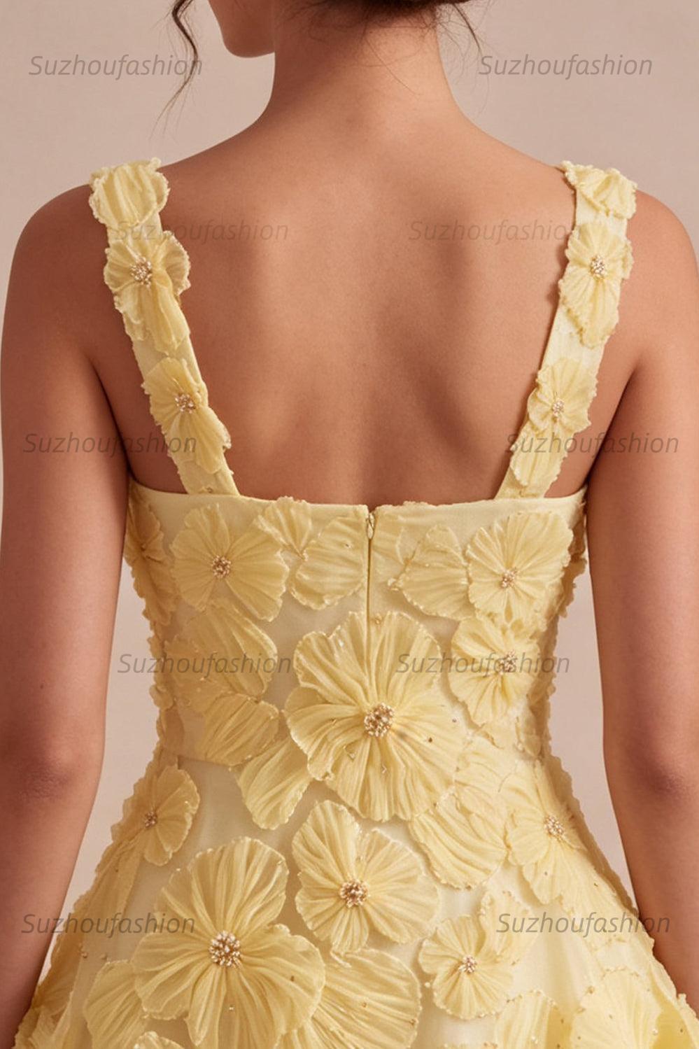 Suzhoufashion Floral A Line Beaded Light Yellow Bubble Short Homecoming Dress