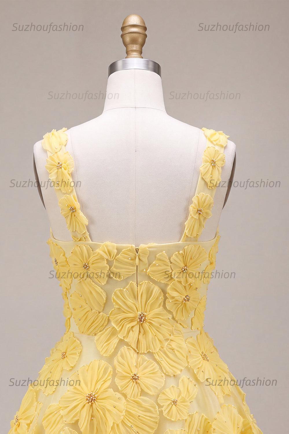 Suzhoufashion Floral A Line Beaded Light Yellow Bubble Short Homecoming Dress