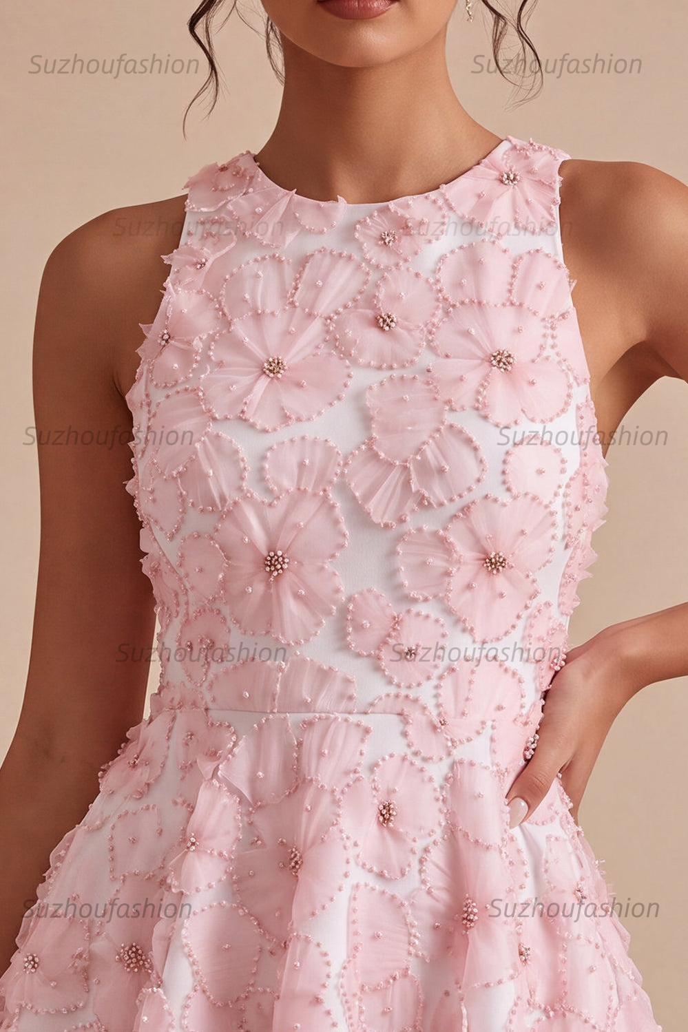 Suzhoufashion Floral Beaded Pink A Line Round Neck Short Homecoming Dress