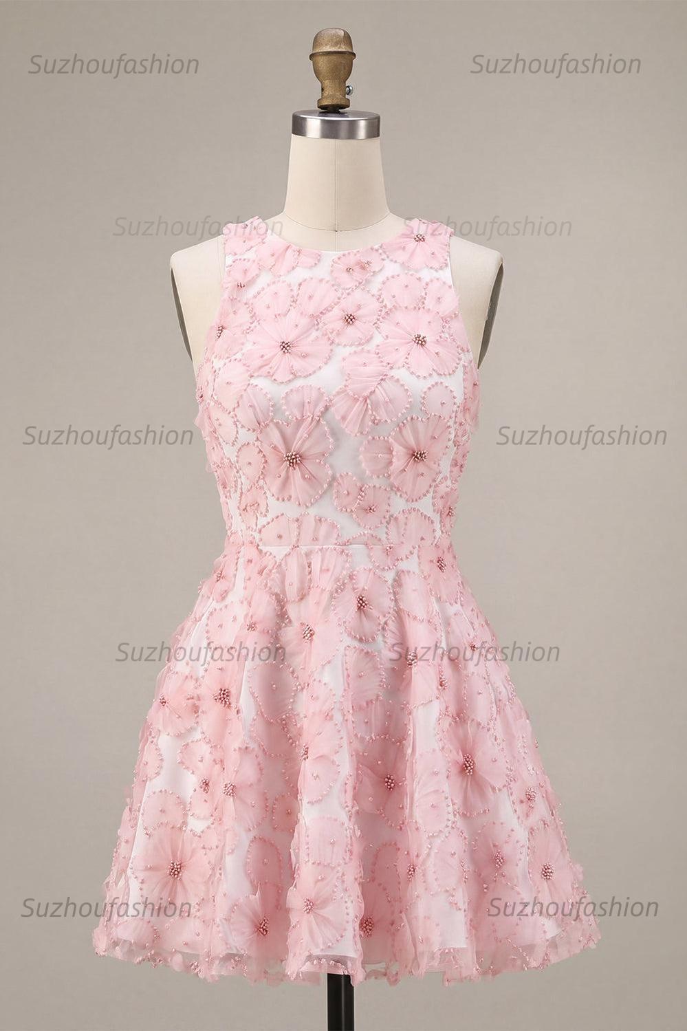 Suzhoufashion Floral Beaded Pink A Line Round Neck Short Homecoming Dress