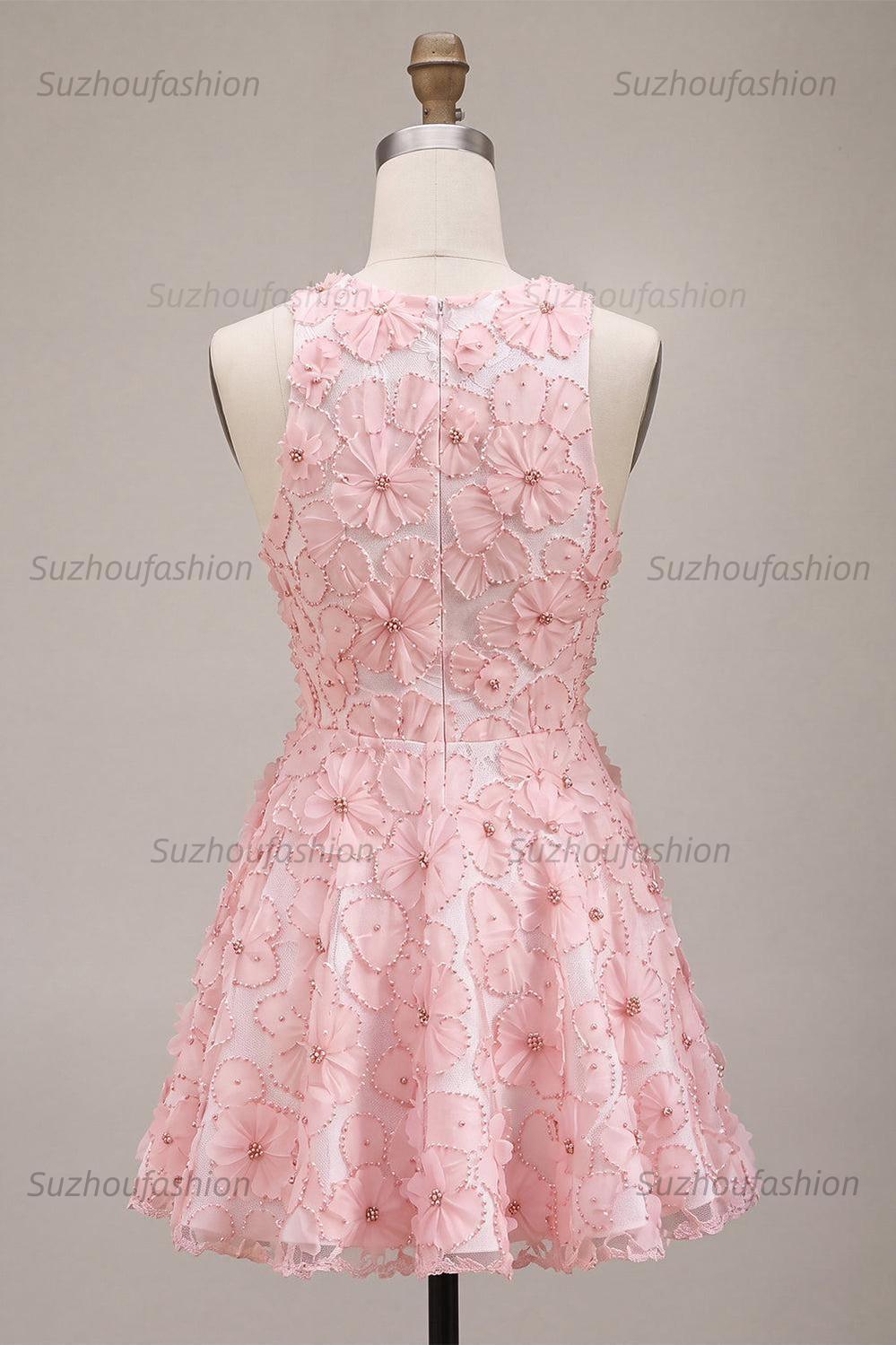 Suzhoufashion Floral Beaded Pink A Line Round Neck Short Homecoming Dress