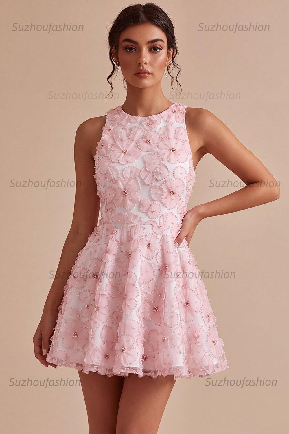 Suzhoufashion Floral Beaded Pink A Line Round Neck Short Homecoming Dress