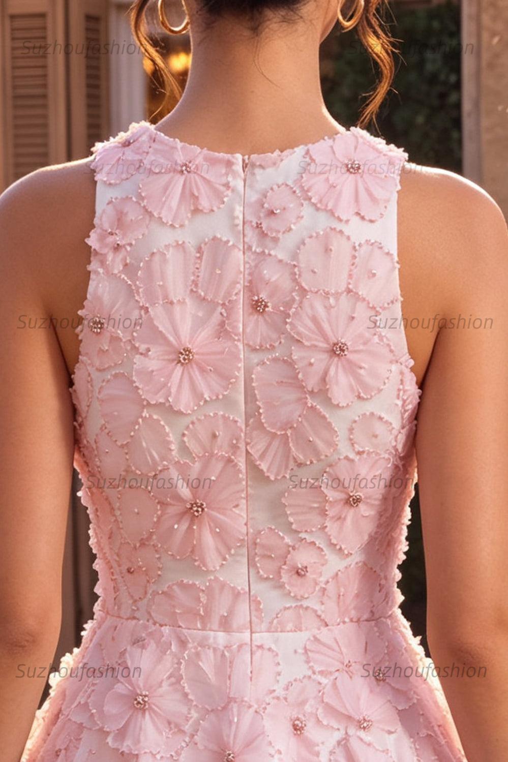 Suzhoufashion Floral Beaded Pink A Line Round Neck Short Homecoming Dress