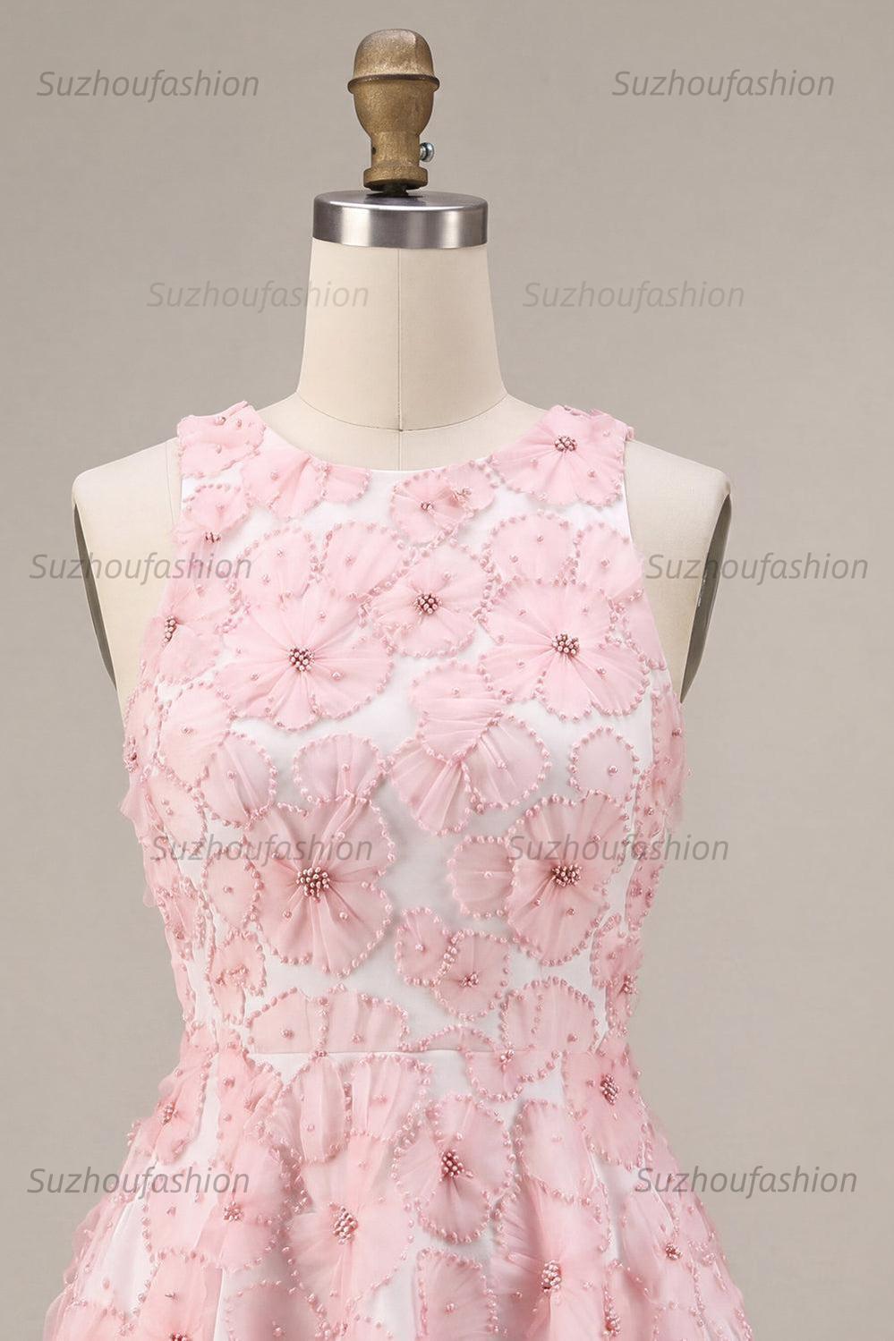 Suzhoufashion Floral Beaded Pink A Line Round Neck Short Homecoming Dress
