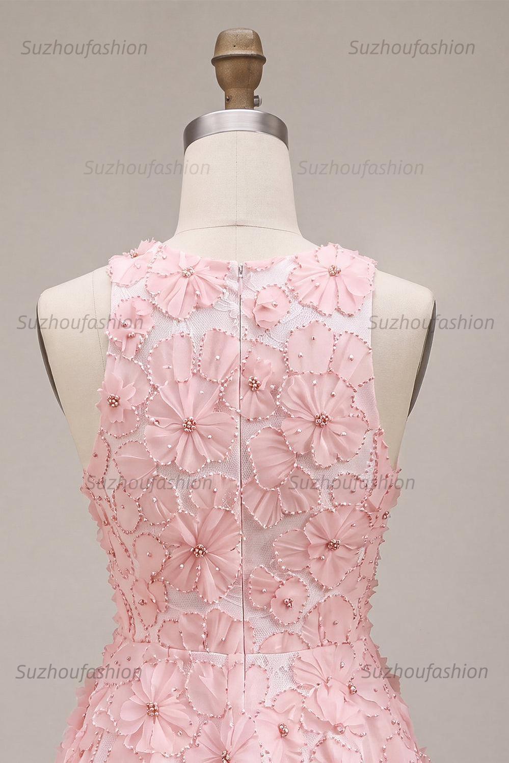Suzhoufashion Floral Beaded Pink A Line Round Neck Short Homecoming Dress