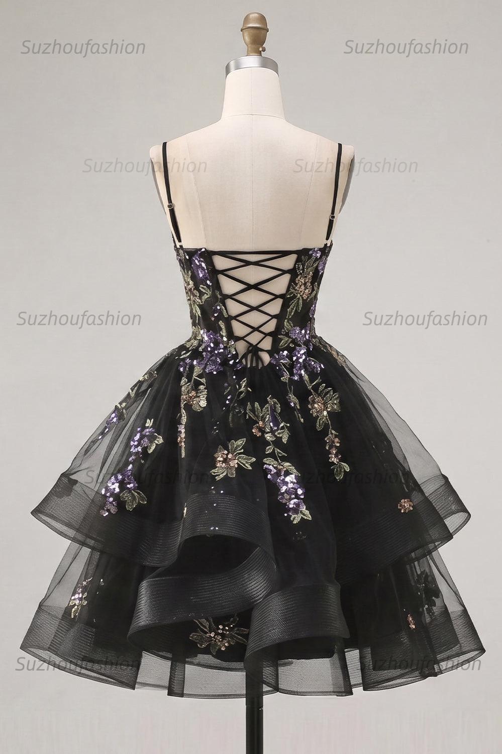 Suzhoufashion Floral Black A-Line Ruffled Short Corset Homecoming Dress