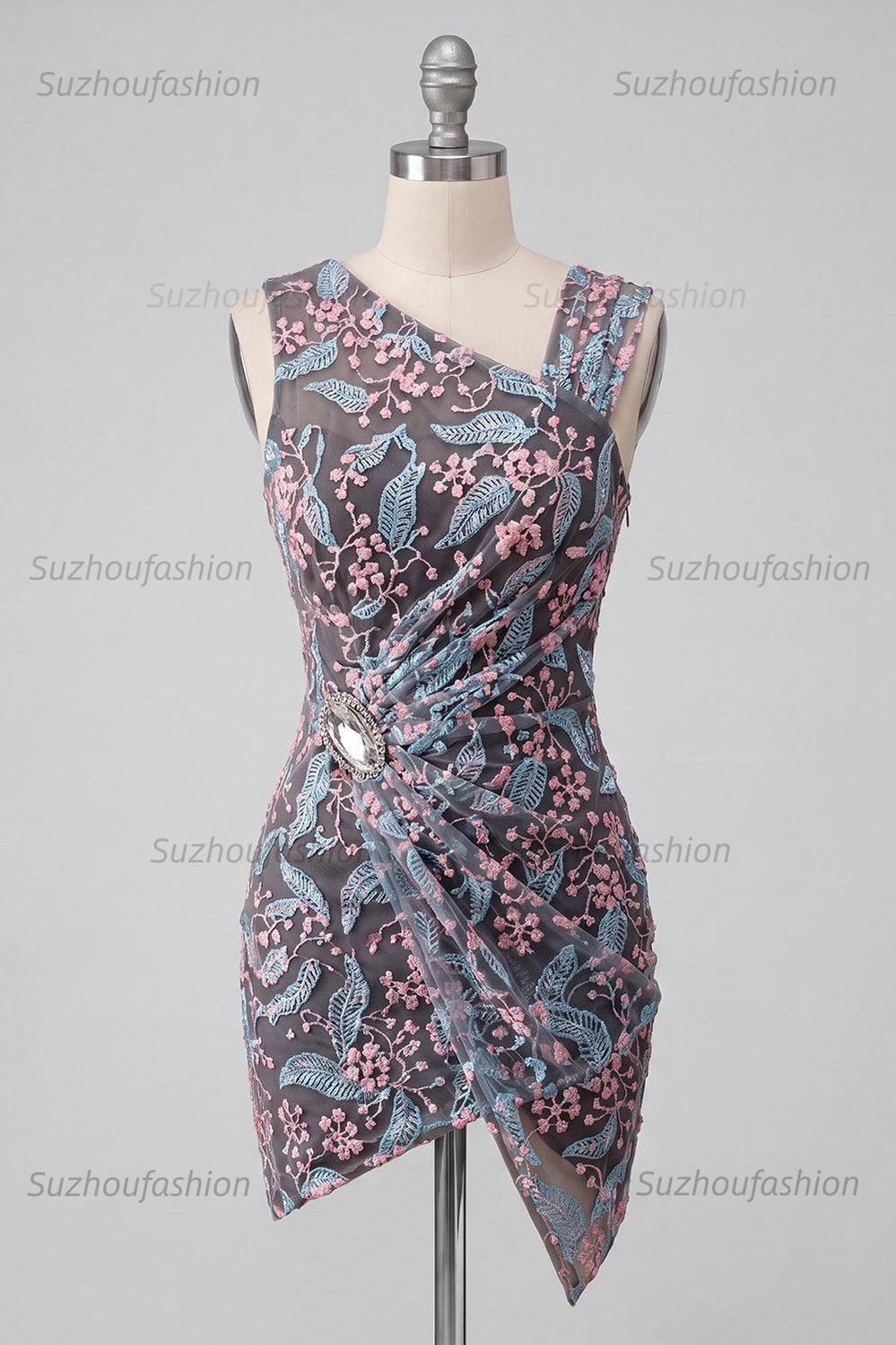 Suzhoufashion Floral Black Ruched Tight Short Homecoming Dress with Rhinestone