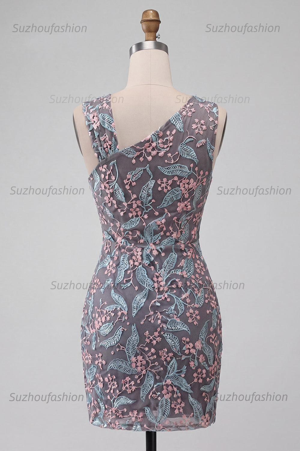 Suzhoufashion Floral Black Ruched Tight Short Homecoming Dress with Rhinestone