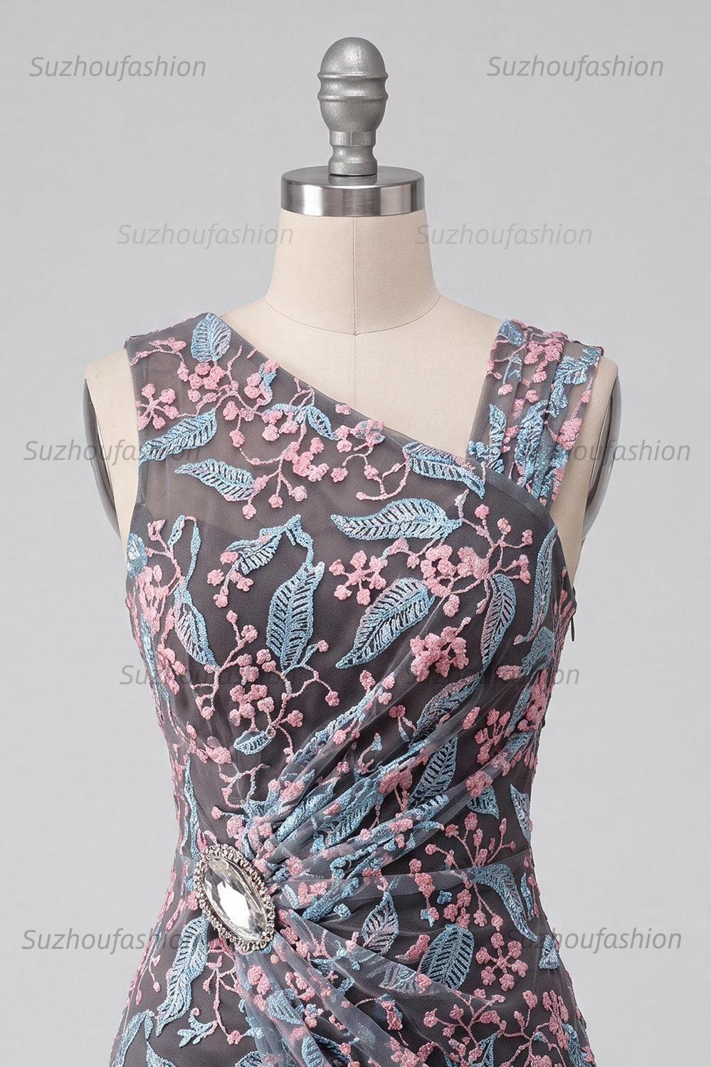 Suzhoufashion Floral Black Ruched Tight Short Homecoming Dress with Rhinestone
