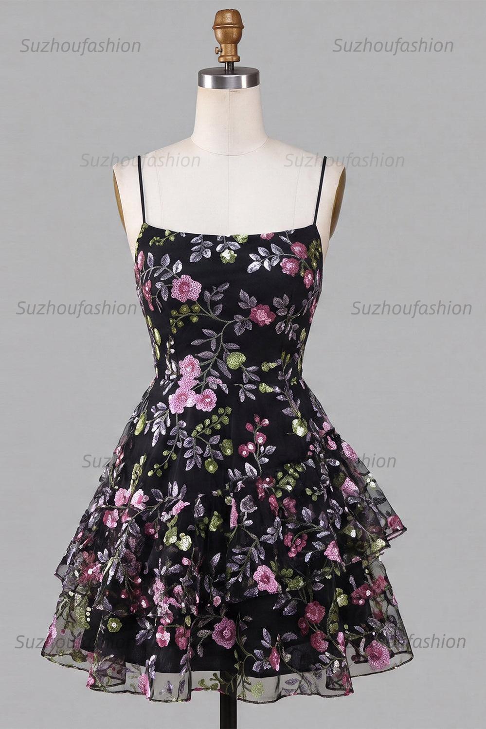 Suzhoufashion Floral Black Ruffled A Line Tiered Short Homecoming Dress