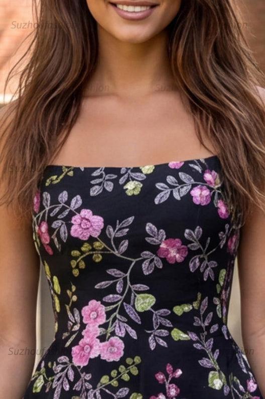 Suzhoufashion Floral Black Ruffled A Line Tiered Short Homecoming Dress