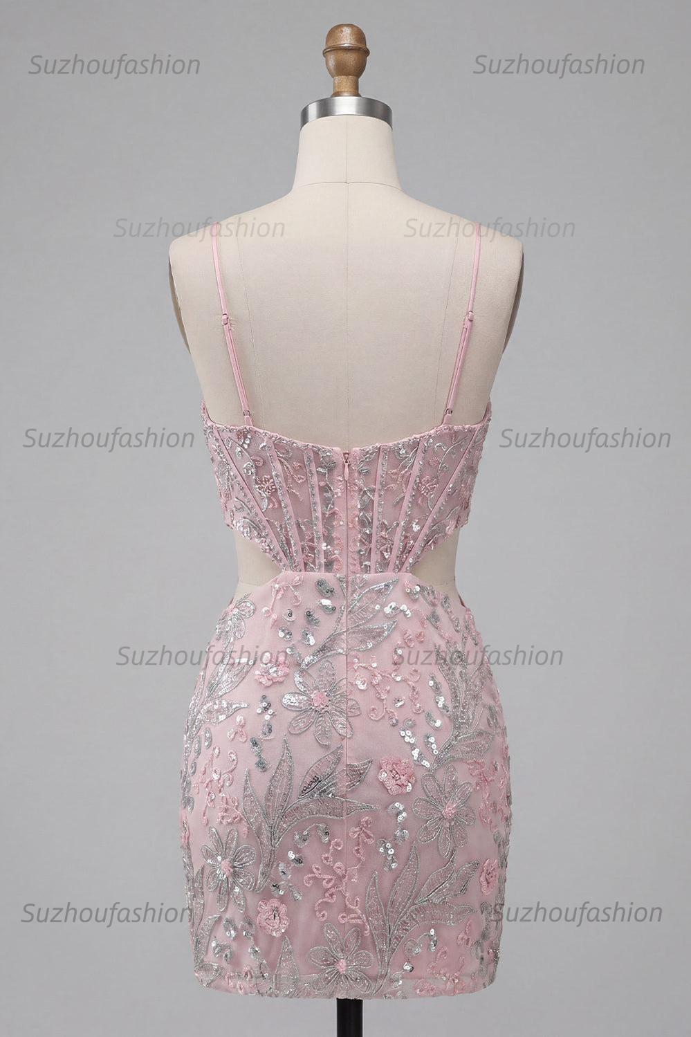 Suzhoufashion Floral Blush Corset Tight Cut Out Short Homecoming Dress