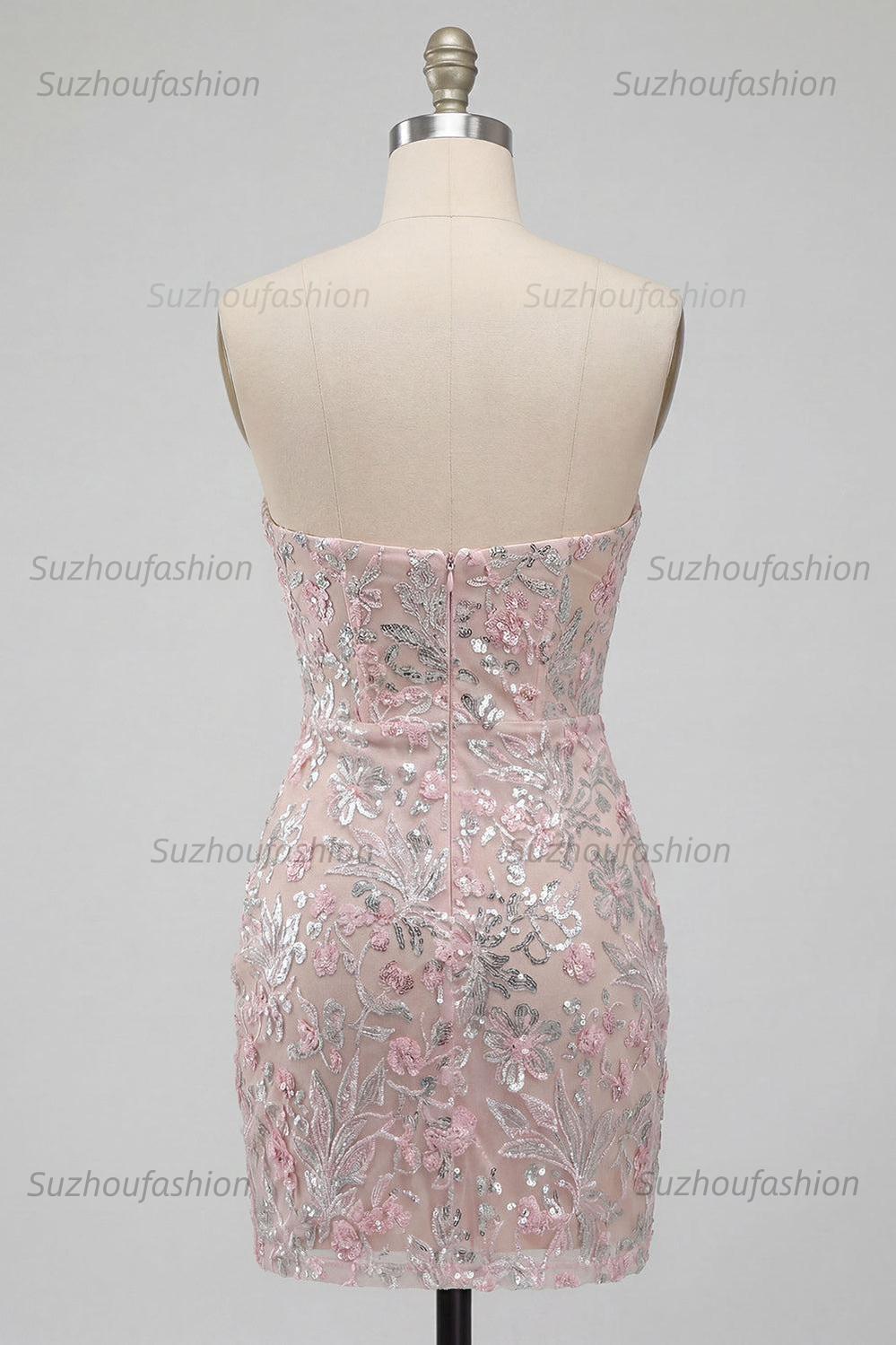 Suzhoufashion Floral Blush Corset Tight Ruched Sequins Short Homecoming Dress