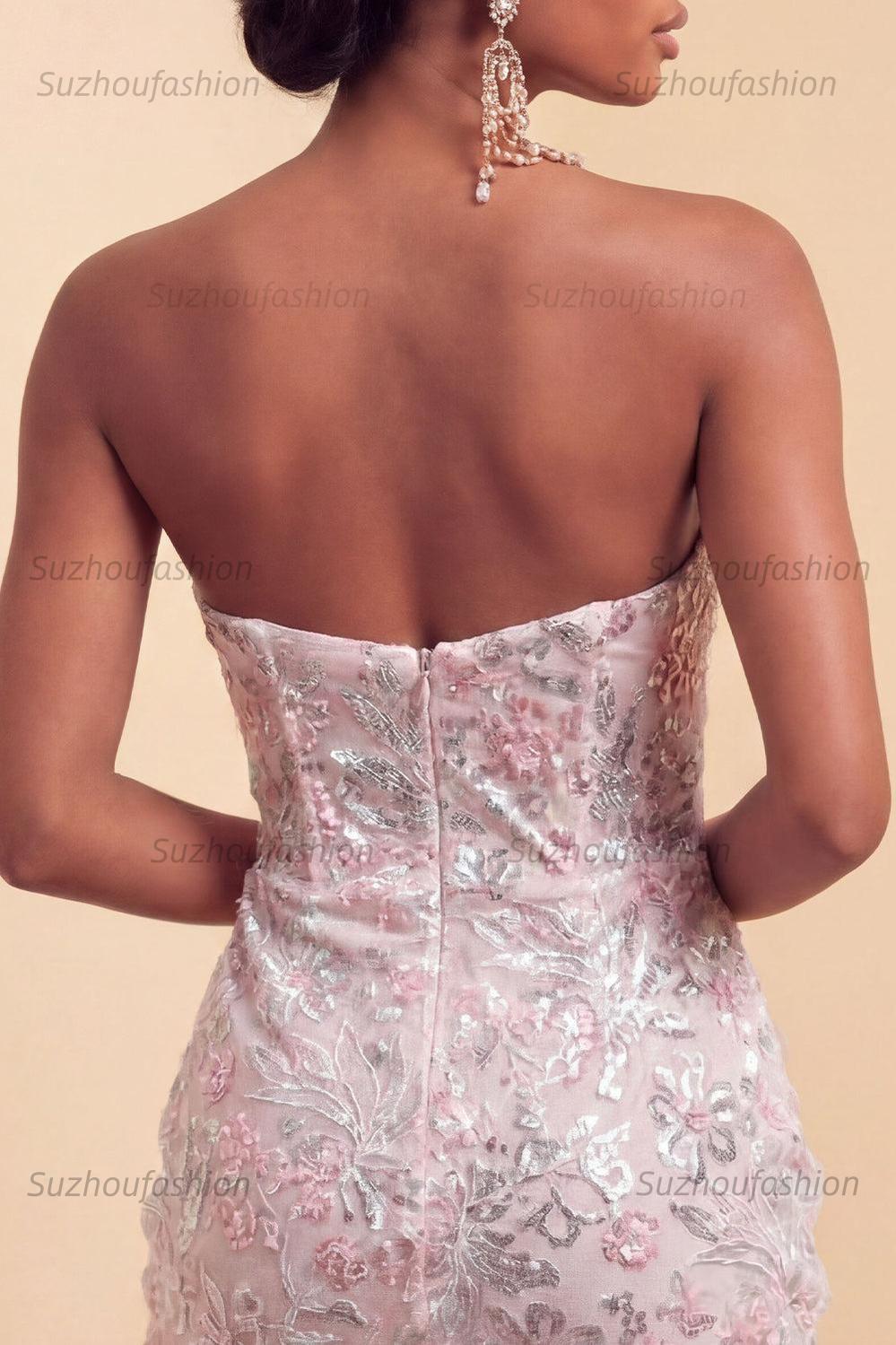 Suzhoufashion Floral Blush Corset Tight Ruched Sequins Short Homecoming Dress