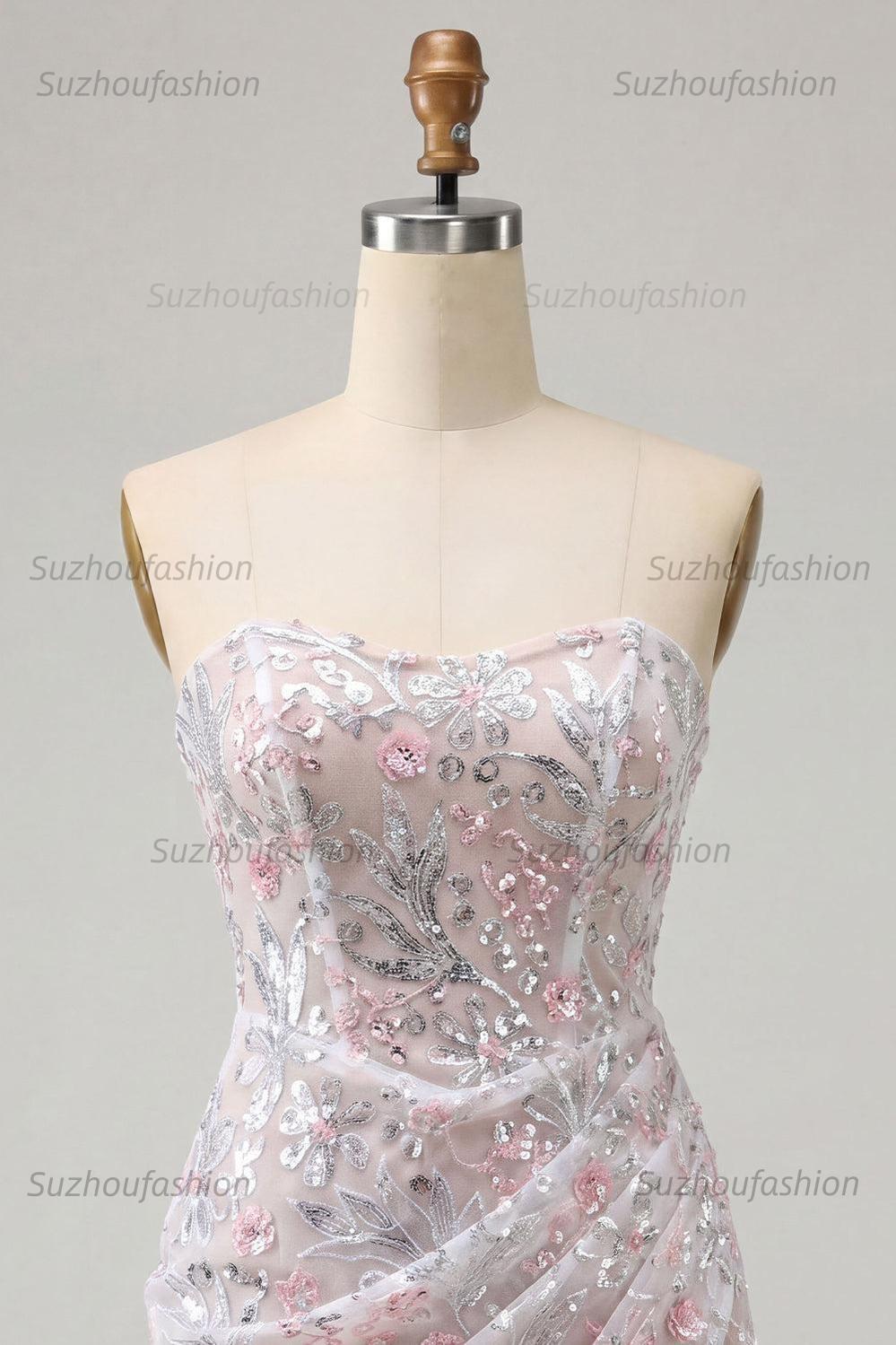 Suzhoufashion Floral Blush Corset Tight Ruched Sequins Short Homecoming Dress