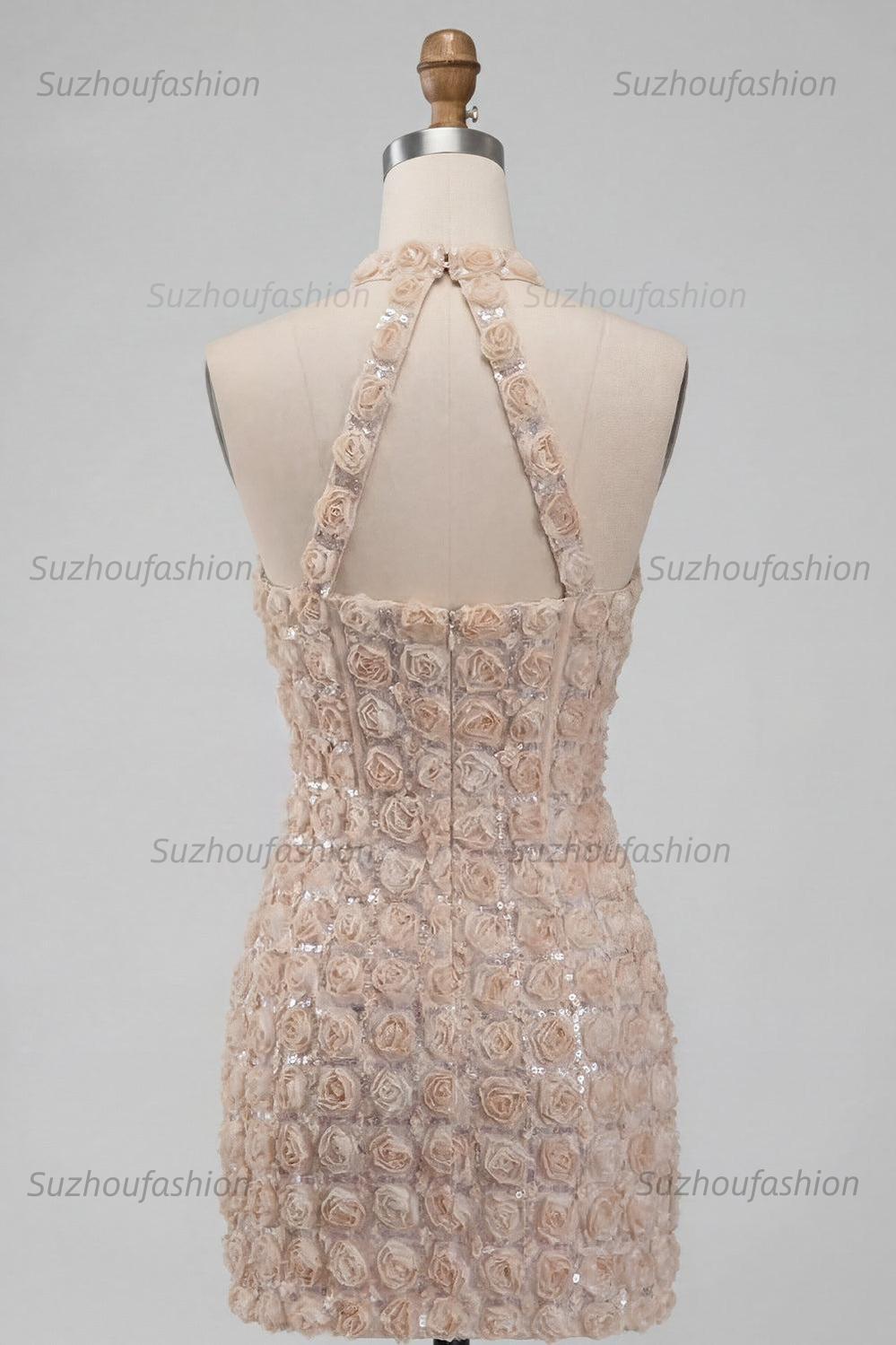 Suzhoufashion Floral Champagne Sequin Tight Short Corset Homecoming Dress