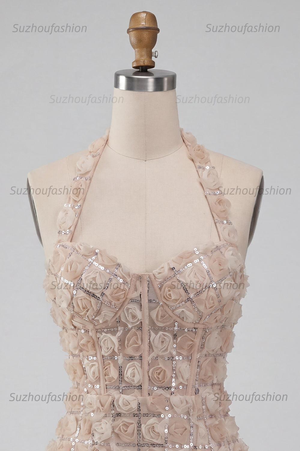 Suzhoufashion Floral Champagne Sequin Tight Short Corset Homecoming Dress