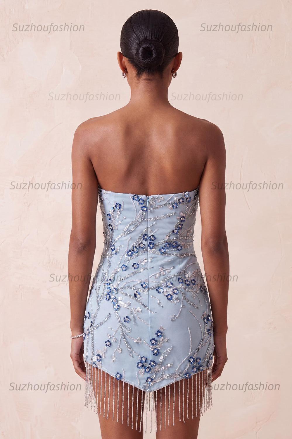Suzhoufashion Floral Dusty Blue Tight Sequins Short Homecoming Dress with Fringes