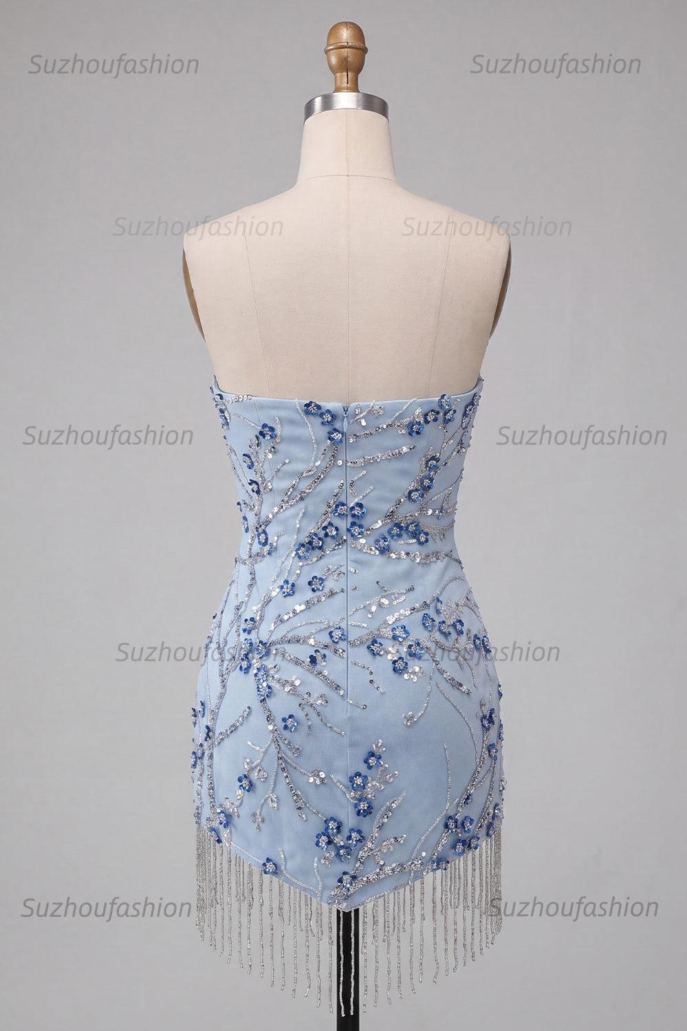 Suzhoufashion Floral Dusty Blue Tight Sequins Short Homecoming Dress with Fringes
