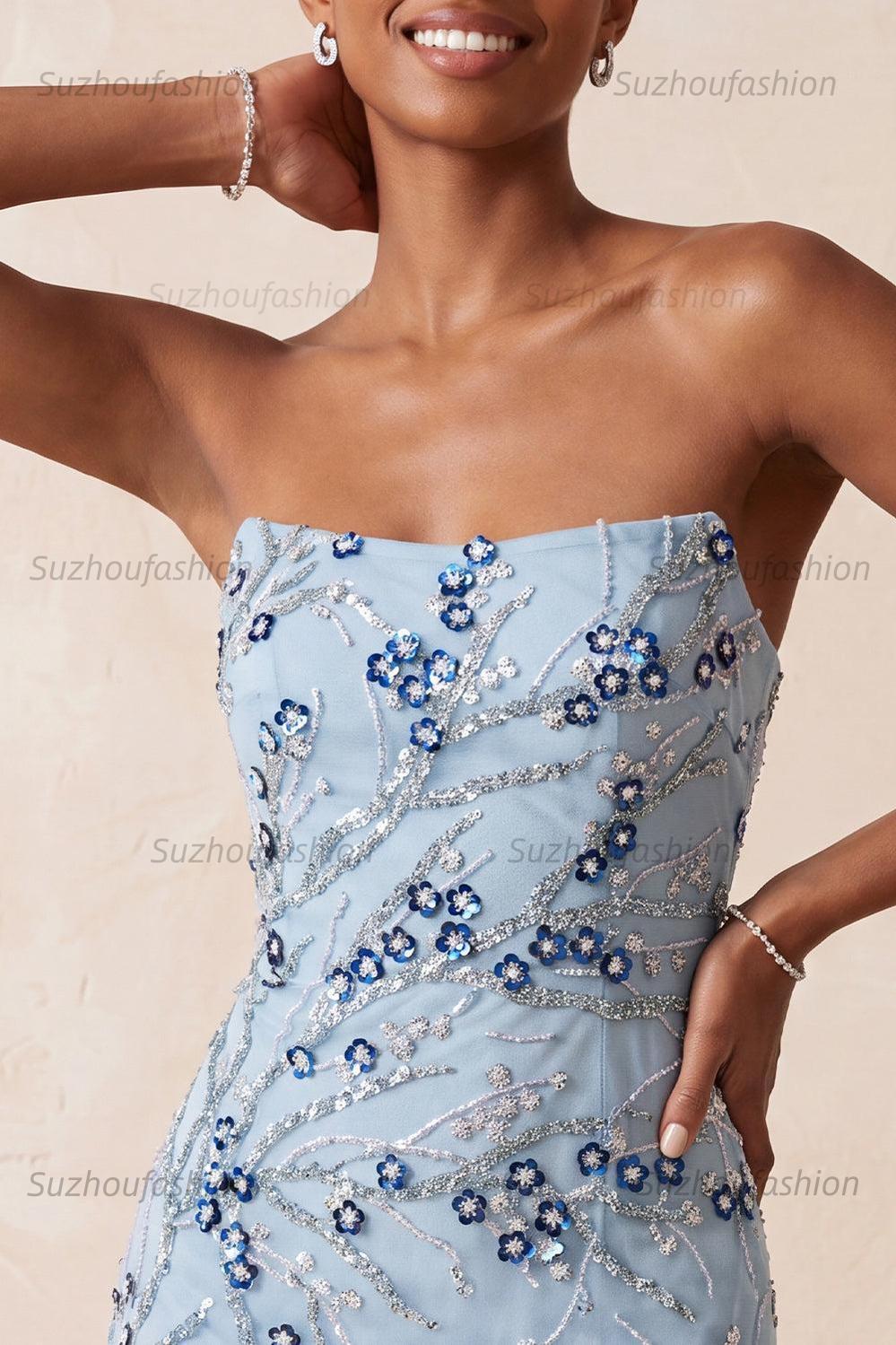 Suzhoufashion Floral Dusty Blue Tight Sequins Short Homecoming Dress with Fringes