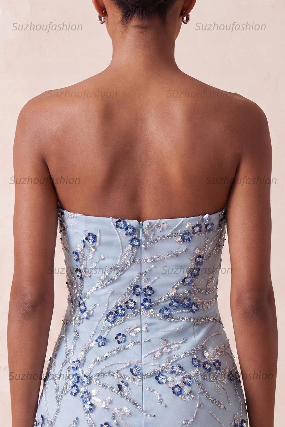 Suzhoufashion Floral Dusty Blue Tight Sequins Short Homecoming Dress with Fringes