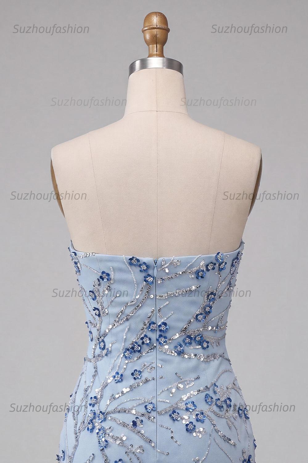Suzhoufashion Floral Dusty Blue Tight Sequins Short Homecoming Dress with Fringes