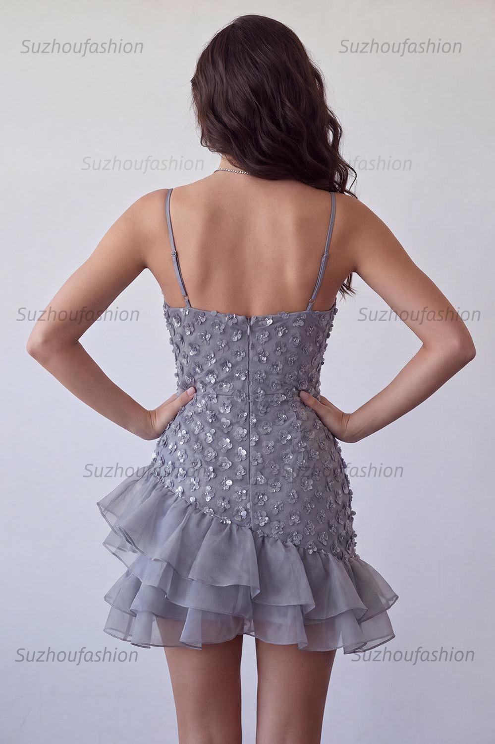 Suzhoufashion Floral Dusty Lavender Sequin Tight Short Homecoming Dress with Ruffles