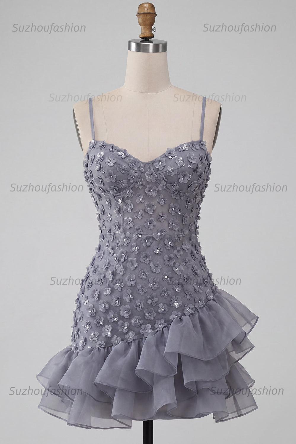 Suzhoufashion Floral Dusty Lavender Sequin Tight Short Homecoming Dress with Ruffles