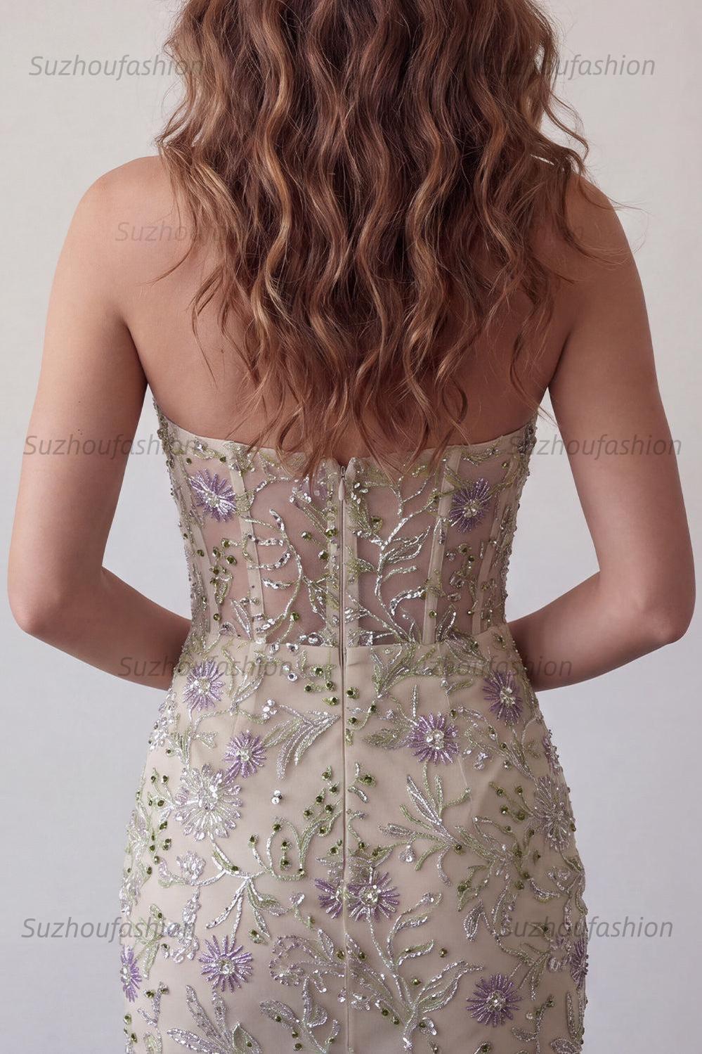 Suzhoufashion Floral Dusty Sage Beaded Tight Short Corset Homecoming Dress