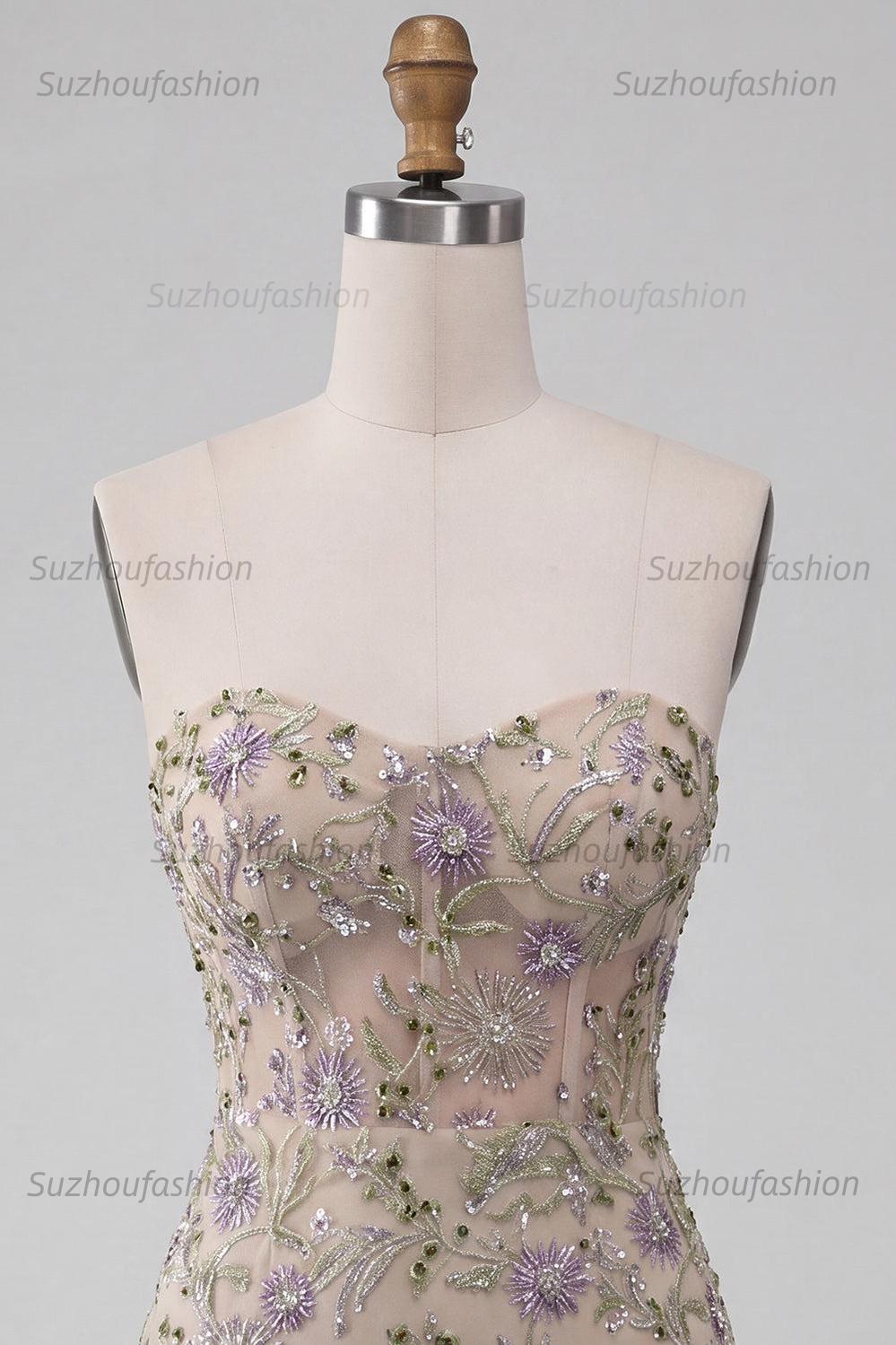 Suzhoufashion Floral Dusty Sage Beaded Tight Short Corset Homecoming Dress