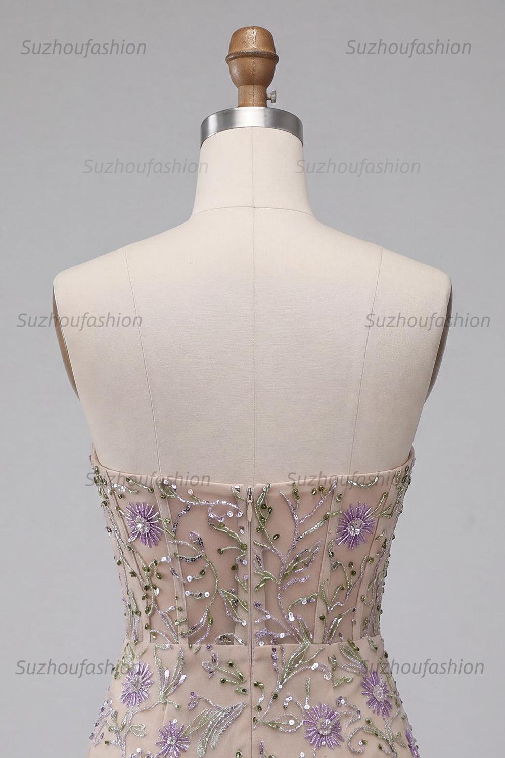 Suzhoufashion Floral Dusty Sage Beaded Tight Short Corset Homecoming Dress