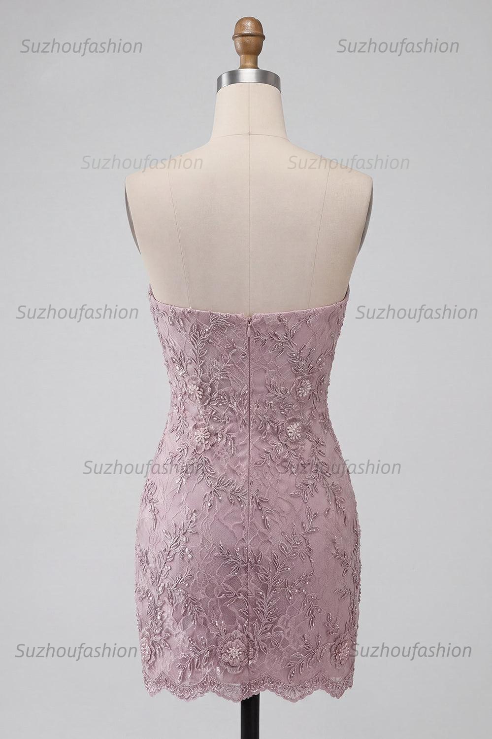 Suzhoufashion Floral Fog Lace Strapless Tight Short Beaded Homecoming Dress