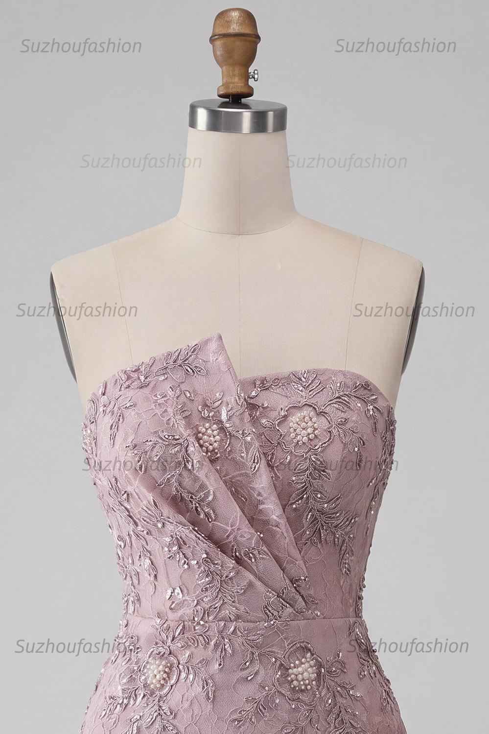 Suzhoufashion Floral Fog Lace Strapless Tight Short Beaded Homecoming Dress